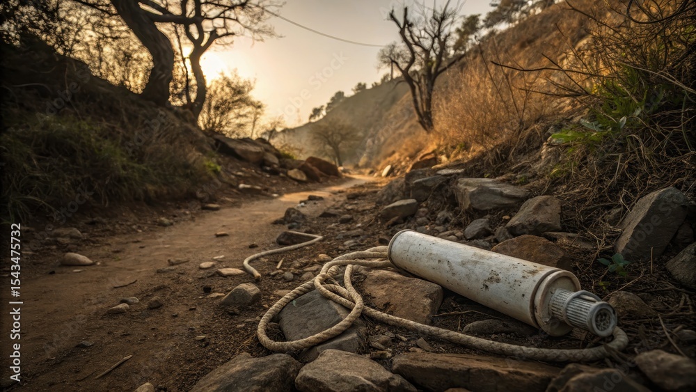 Scenic Pathway Through Nature With Abandoned Object On Ground Scenic Pathway Through Nature With Abandoned Object On Ground