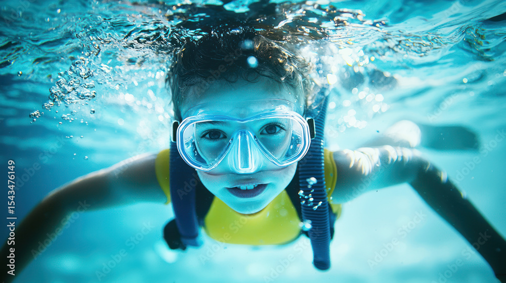 Naklejka premium A young child wearing a yellow swimsuit and snorkeling gear, swimming underwater with a clear blue water background.