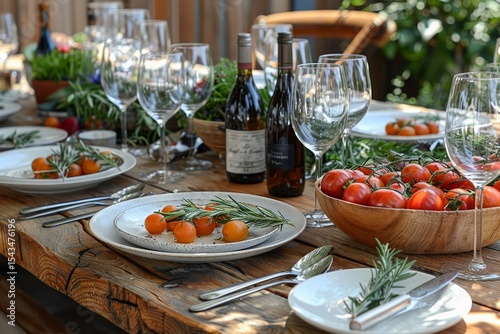 Elegant outdoor dining setup featuring fresh tomatoes and fine wines in a natural setting during a sunny afternoon