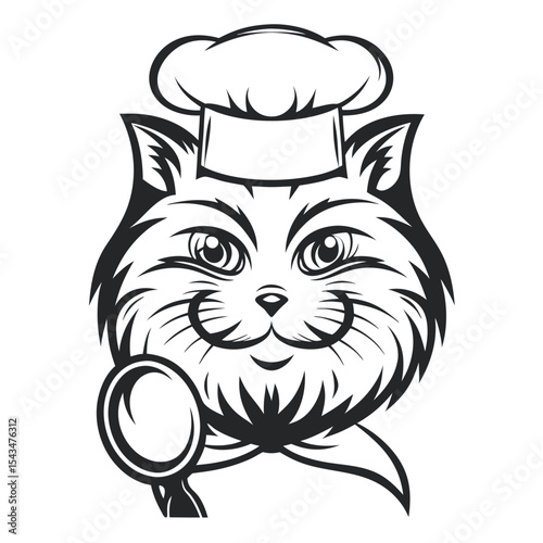 Monochrome Feline Chef Illustration: A charming, hand-drawn vector depicting a smiling cat wearing a toque, holding a spoon, perfect for culinary themes and branding.