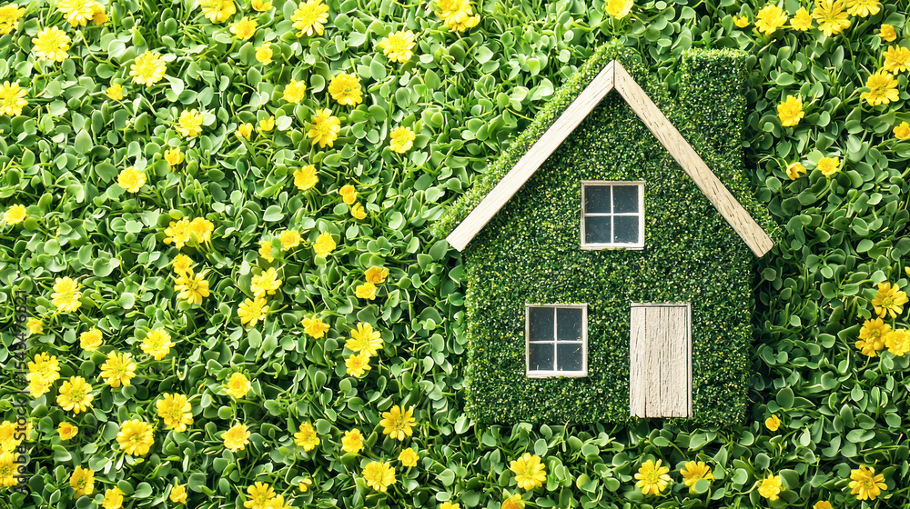 Fototapeta premium A small wooden house made of green leaves and flowers, surrounded by a field of yellow flowers.