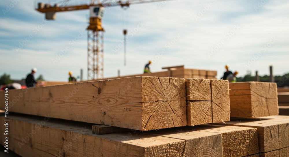 Close-up of timber beams on construction site with workers and crane in background Close-up of timber beams on construction site with workers and crane in background