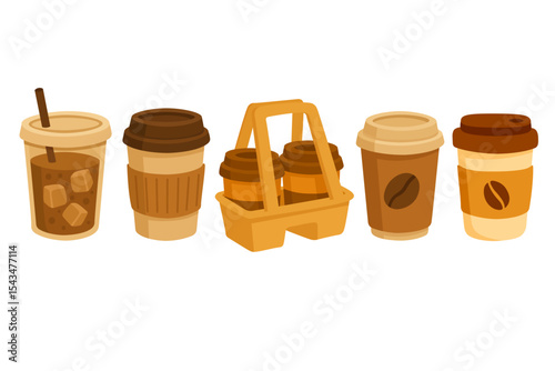 Set of takeaway coffee cups including iced coffee, hot drinks and cardboard holder in flat style.
