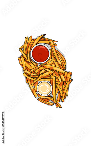 Delicious dish of French fries with tomato sauce and mayonnaise. Fast food art illustration