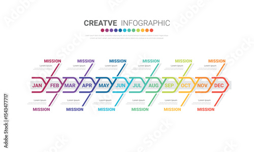 Timeline for 1 year, 12 months, infographics all month planner design and Presentation business can be used for workflow, process diagram, flow chart.