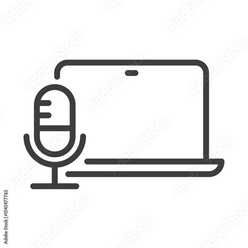 podcasting clip art icon symbol, microphone and laptop computer, content creation, media equipment, live streaming, isolated line vector illustration