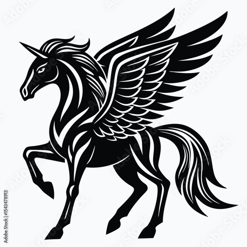 Black and White Stylized Pegasus Unicorn Horse Mythological Creature Graphic Design