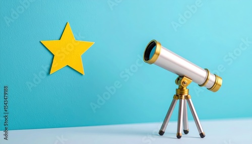 Stargazing Telescope: A classic telescope sits poised, focused on the celestial expanse, alongside a golden star, the composition suggesting exploration and discovery of a vibrant blue background.