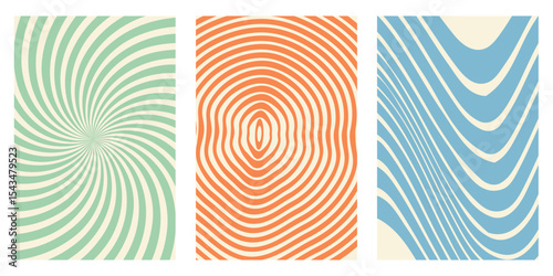 Twisted and distorted vector groovy hippie background. Waves, swirl, twirl pattern. Set of backgrounds in trendy retro psychedelic style. Vector illustration