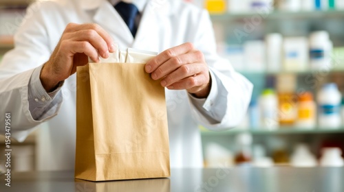 Pharmacist Preparing Prescription in Brown Paper Bag at Pharmacy