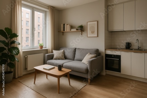 Modern micro apartment interior design with sofa and kitchenette