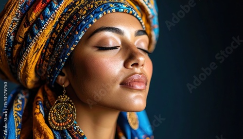 Serene Beauty: Captivating close-up shot of a beautiful woman, draped in an exquisite turban, with eyes serenely closed, capturing a moment of tranquil contemplation and cultural elegance.
