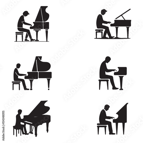 Four Silhouette Illustrations of Pianists Playing Pianos vector art on white