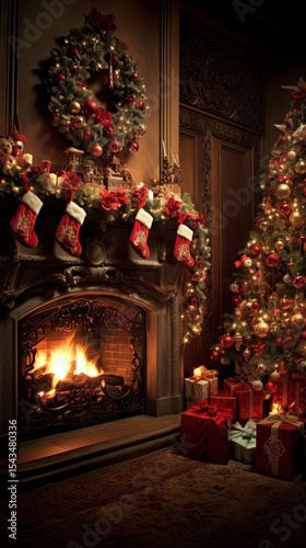 fireplace and Christmas tree with gifts