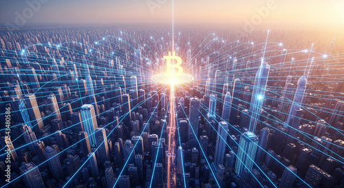 Futuristic City with Digital Bitcoin Overlay