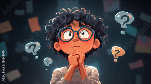 A thoughtful child, surrounded by questions