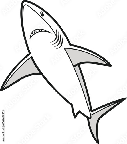 A bold, stylized silhouette of a shark, likely a great white, depicted in black and gray.