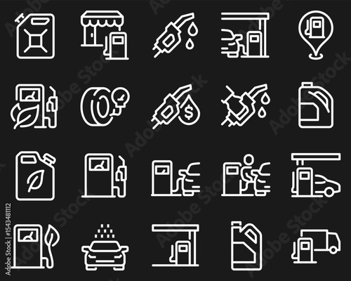 Simple Set of Gas Station Related Vector Line Icons. Contains such Icons as Carwash, Self-service filling, Fuel Pump and more