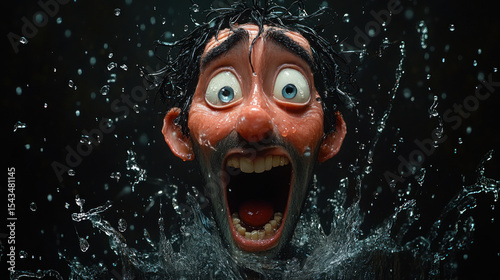Animated man, wide-eyed, screams, water splashes