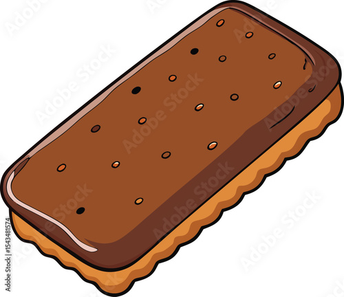 A cartoon depiction of a chocolate sandwich cookie, showcasing the layered design and a smooth, glossy chocolate exterior.