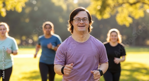 Smiling man with down syndrome in purple t-shirt glasses running outdoors park with diverse group golden hour. Active person fitness exercise healthy lifestyle. Disability inclusion 