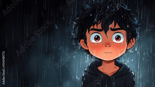 A young boy, his face streaked with rain, stands in a downpour.  Dark, moody atmosphere