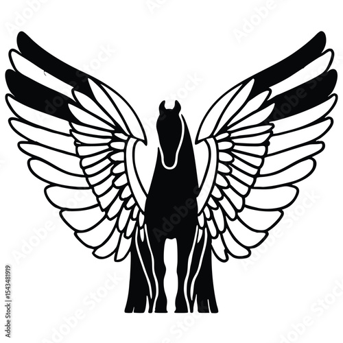 Black Silhouette Pegasus Horse with Large Feathered Wings on White Background Mythological