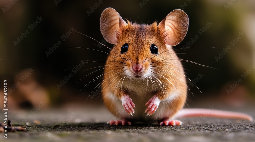 Fototapeta premium An adorable close-up of a cute mouse with large ears perched on a stone pathway, capturing its charming features and playful demeanor in a natural setting.