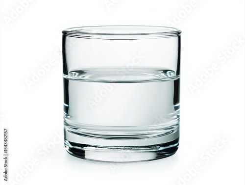 A clear glass filled halfway with transparent water on a white background.