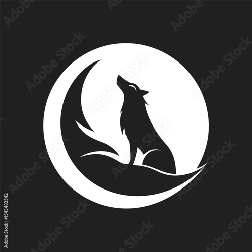 Black Wolf Silhouette Howling at White Crescent Moon Night Sky Graphic Design vector