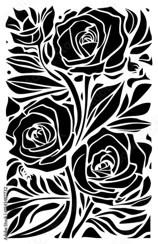 Floral compositions of rose flowers and leaves in linocut, cut-out, and woodcut style. Black silhouettes on transparent background, perfect for elegant, vintage, or craft design.