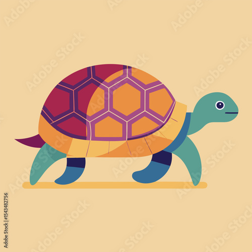Colorful Geometric Tortoise Walking Beige Background Flat Style Illustration turtle