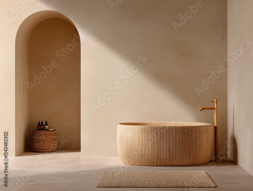 Minimalist bathroom with a round, striped bathtub, beige walls, arched doorway, woven basket with bottles, and a textured floor mat, all in warm neutral tones.