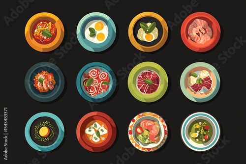 Spanish food icons flat design vector style each dish like paella gazpacho jamn ibrico illustrated in colorful minimal graphic layout