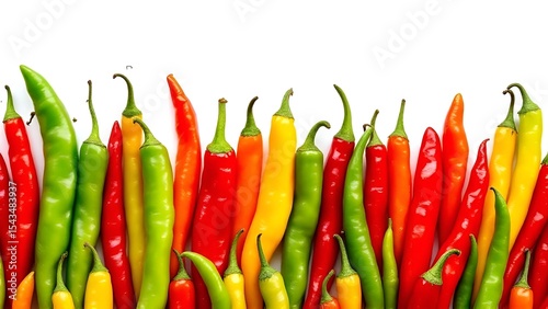 A vibrant array of chili peppers against a white background.
