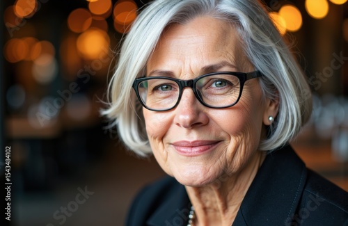 Close-up of a smiling elderly woman with gray hair and glasses in a warm, softly lit setting