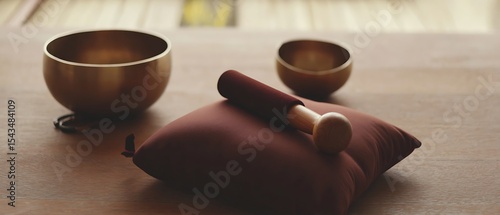 Meditation bowls and mallet on cushion