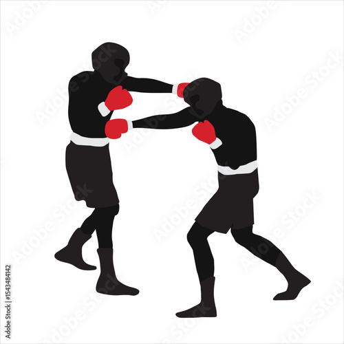 Boxers in helmets silhouettes in sparring match