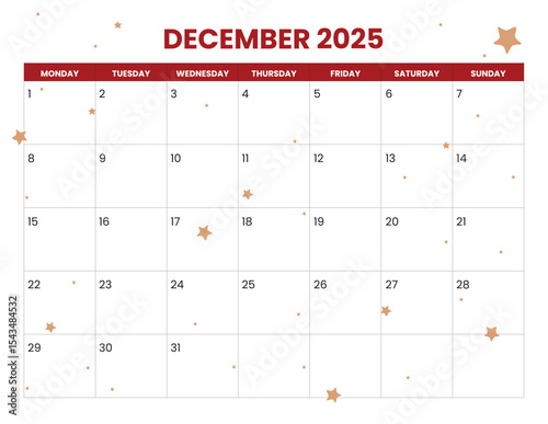 2025 December calendar start on monday, red and gold
