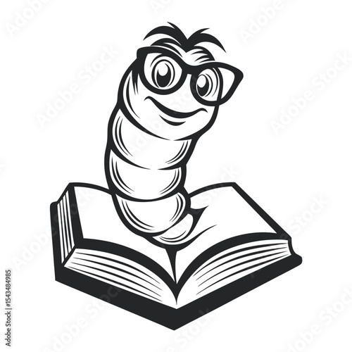 Cute Bookworm Cartoon Illustration: Smiling Worm Character Wearing Glasses Sitting on Open Book in Black and White Style for Educational or Design Purposes.