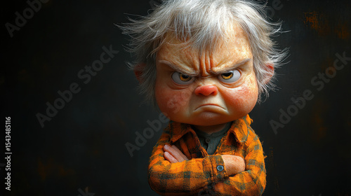 Angry cartoon character, arms crossed, close-up