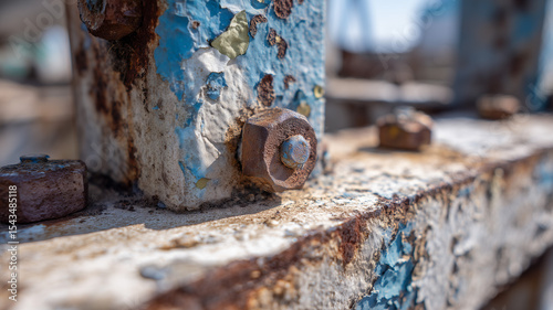 Close up shots of rusting bolts and metal beams with flaking paint and worn textures