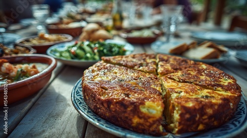 Spanish food midday family meal outdoors tortilla espaola seafood fresh vegetables bread served on a long shared table