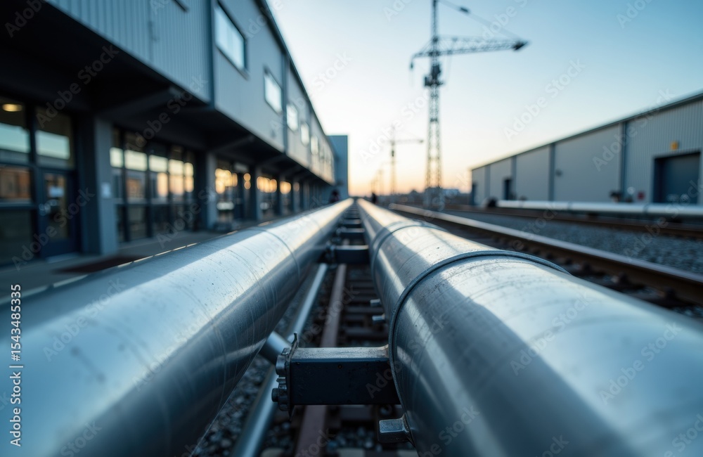 Fototapeta premium Industrial pipelines run parallel outside a modern building under construction with cranes in the background
