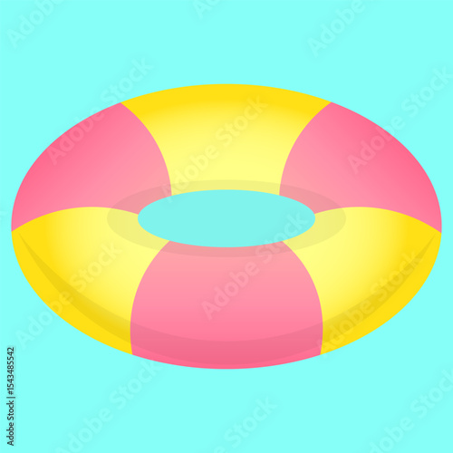 Swimming ring with pink and yellow stripes on blue background, vector illustration.