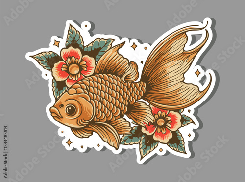 Traditional Japanese Koi Fish with Floral Elements in Old School Tattoo Style