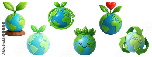 Cute 3D Earth with leaves, heart, and recycle symbols for eco themes, isolated on transparent background