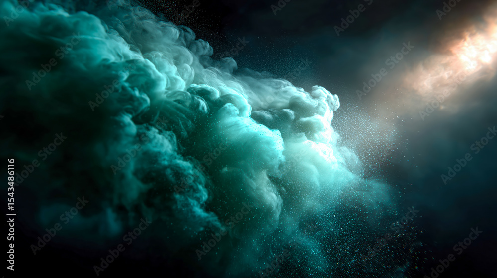 Obraz premium An atmospheric backdrop of turquoise clouds in a dark space, partially illuminated by a diffuse golden light from the upper right.