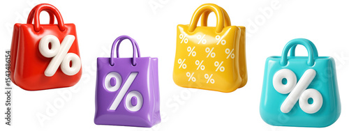 3D colorful shopping bags with percent discount symbols for sales and promotions, isolated on transparent background