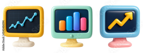 3D cartoon monitors displaying line graphs, bar charts, and growth analytics, isolated on transparent background